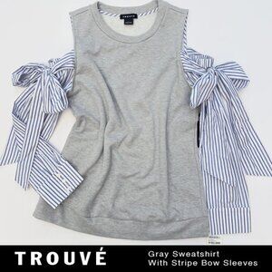 Trouvé Gray Heather Sweatshirt With White & Blue Stripe Bow Sleeves Size L